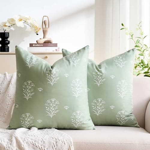 Image of Reversible Boho Cushion Cover 45 x 45 cm Soft Short Plush Sage Green Wild Flower Plant Pillow Covers for Sofa Bed Garden Outdoor Spring Decor Flower Plant with Invisible Zipper