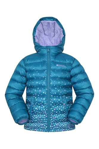 Image of Mountain Warehouse Printed Seasons Kids Padded Jacket - Water Resistant Puffer Coat, Lightweigh, Elasticised Cuffs, Boys & Girls - For Spring Summer Teal (Printed) Kids Size 7-8 Years