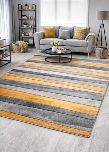 Image of New Small Large Mustard Ochre Silver Grey Wave Design Area Rugs Mats (80x150cm)