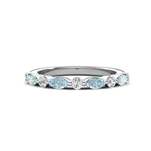 Image of Sterling Silver 925 Aquamarine Prong-Set Brilliant-Cut Marquise 5.00x2.50mm Half Eternity Band Ring With Rhodium Plated (N)