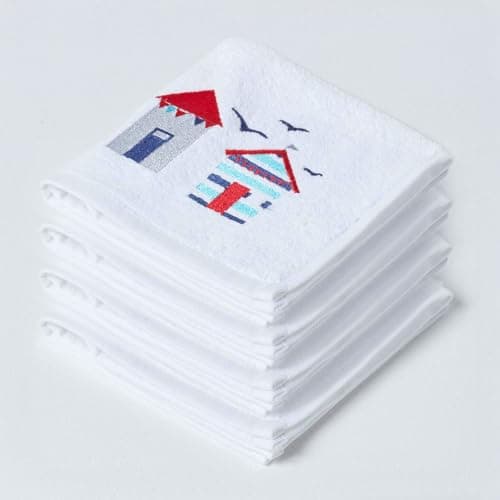 Image of HOMESCAPES Set of 4 Beach Hut Embroidered Face Cloths Blue, Red & White Seaside Patterned Flannel 100% Cotton 550 GSM Super Absorbent Fluffy Holiday Beach Towel for Pool or Gym