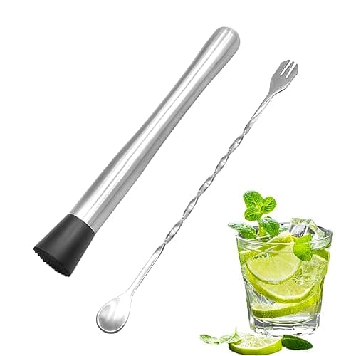 Image of Stainless Steel Cocktail Muddler,10 inch Stainless Steel Cocktail Muddler with 1 Mixing Spoon, Cocktail Shaker Set,Bar Tool Set, Mojito Kit,Cocktail Making Set for Making & Creating Delicious Mojitos