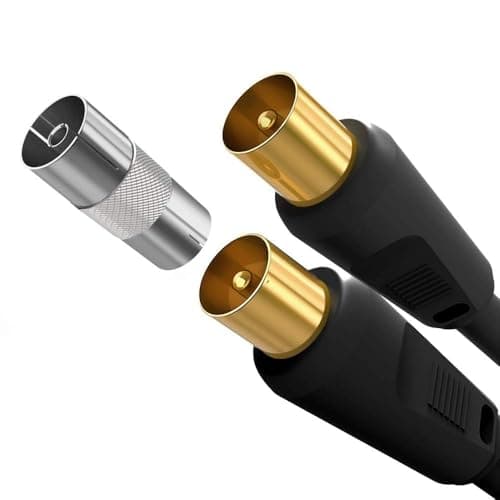 Image of Ancable 1M TV Aerial Coaxial Cable Male to Male, Satellite Cable RF TV Antenna Coax Lead to PAL Male Gold Plated Connectors Black Flylead for Sky/SkyHD, Virgin, BT,TV, VCR or DVD players with Coupler
