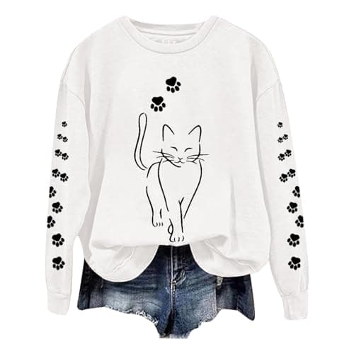 Image of Sweatshirts Women Casual Cute Cat Graphic Printed Long Sleeve Loose Sweatshirts Pullover Sweatshirts Blouse (White, XXXL)