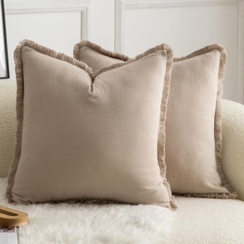 Image of Mandioo Set of 2 Neutral Cotton Fringe Cushion Covers 40x40 cm 16x16 inch Decorative Boho Farmhouse Throw Pillowcase Cozy Tassels for Couch Sofa Bedroom Living Room Home Decor Taupe