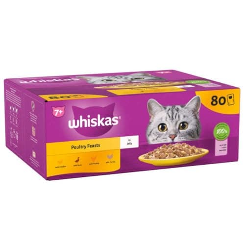 Image of whiskas 7+ Poultry Feasts Senior Wet Cat Food Pouches in Jelly 80 × 85g Pouches