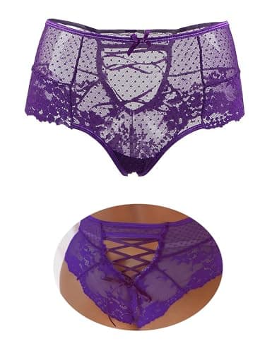 Image of comeondear Sexy French Knickers for Women Lace Panties Plus Size Thong Underwear Ladies High Waisted Brazilian Knickers Femboy Panties Briefs Purple UK 12