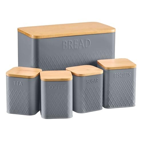 Image of Cooks Professional 5 Piece Tea, Coffee, Sugar, Biscuit & Bread Square Cannister Set with Bamboo Lids | Diamond Pattern Labelled Stainless Steel Kitchen Storage Bins Airtight Containers | Dark Grey