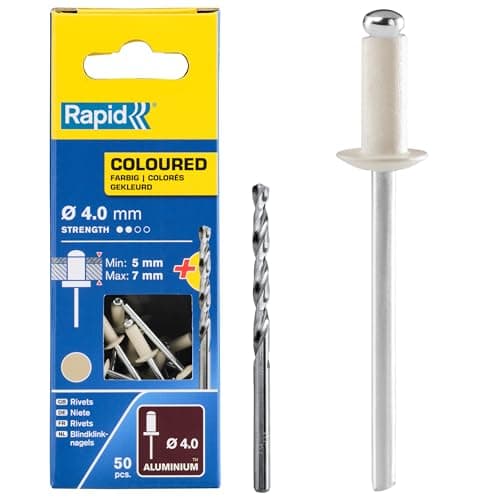 Image of Rapid High Performance Cream White Aluminium Rivets, Ø4 x 10 mm - 4mm Rivets for Gutters, Piping, and Sheet Metal - Includes Drill - 50 Pieces, Carton Boxed (5001464)