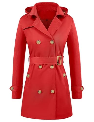 Image of Tuopuda Women's Waterproof Trench Coat Double-Breasted Classic Lapel Overcoat Belted Slim Fit Jackets Outerwear Coat with Detachable Hood(Red,M)