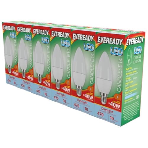 Image of EVEREADY LED E14 Candle Bulb 4.9W Replaces 40W Daylight (6500k) 470 Lumens Non-Dimmable Light Bulb. 6 Pack. (Daylight)