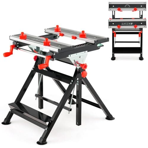 Image of COSTWAY Folding Workbench, 7-Level Height Adjustment Work Table with 4-Position Tiltable Platform, 8 Sliding Clamps, Protractor & Ruler, Heavy Duty Metal Workstation Tool Stand (Red, 75x60x103cm)