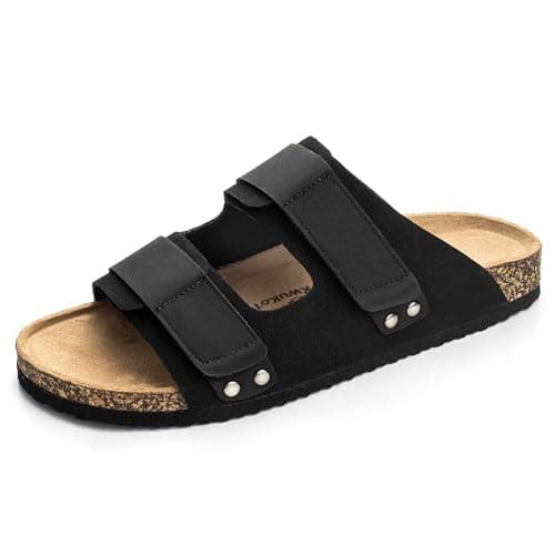 Image of KWUKOTY Women's Cork Footbed Slide Sandals | Comfortable Slip-On with Arch Support | Adjustable Straps & Cushioned EVA Sole Summer Shoes | Black Size 44.5
