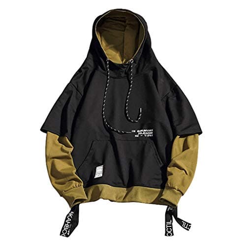 Image of Men's Fashion Loose Seams Fake Two Piece Hoodie Top Black Reg, black, M