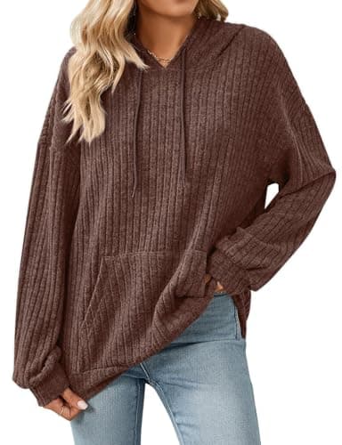 Image of Gemulate Women’s Hoodie Long Sleeve Jumpers Ladies Knitted Tops Pullover Sweater with Pocket Winter Tunic Sweatshirts for Women Brown L