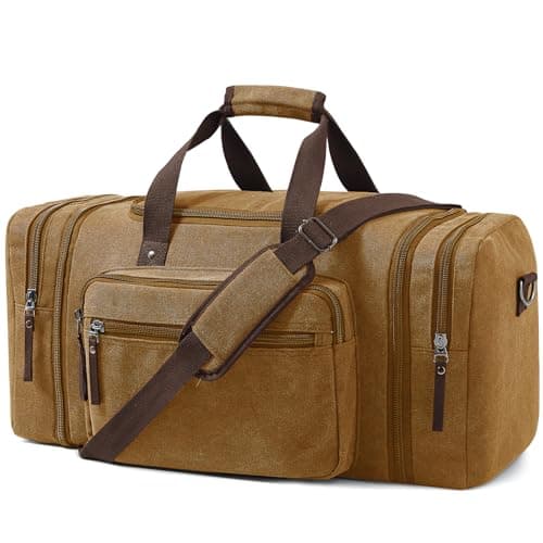 Image of EKOROMIER Large Canvas Travel Holdall for Men – Expandable Duffel Bag – Extra Spacious Weekend Bag for Holidays, Gym & Long Trips – Camel Brown 70L