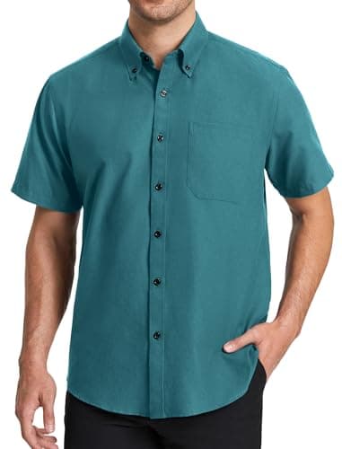 Image of HISDERN Oxford Shirts for Men Teal Short Sleeve Men's Office Shirt Dark Green Regular Fit Formal Smart Shirt Button Down with Pocket, L