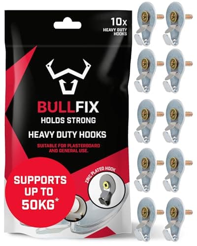 Image of Bullfix Hook - Heavy Duty Picture Hooks, Pack of 10, Wall Hooks for Hanging Picture Frames onto Masonry Walls, Timber & Plasterboard, Holds up to 50kg, Universal Plasterboard Fixings Kit for Frames