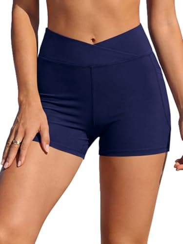 Image of SHEKINI Women High Waisted Swim Board Shorts V Cross Tummy Control Swim Bathing Suit Bottoms Swimwear with Pockets (UK, Alpha, L, Regular, Regular, 61 Navy)