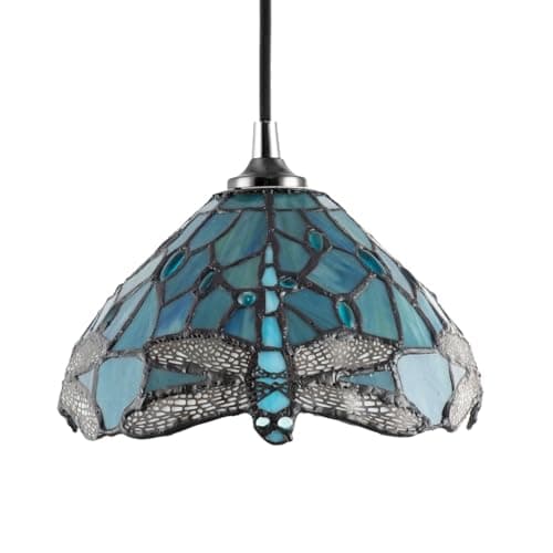 Image of Traditional Dragonfly Themed Emerald Green Stained Glass Tiffany Pendant Lamp Shade with Blue and Clear Beads | 20cm x 14cm | 40w Maximum by Happy Homewares