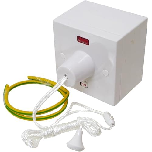 Image of Shower Pull Cord Switch Double Pole 50 Amp Ceiling Switch with 47mm Pattress Box and Earth Sleeving ideal Shower up to 10.5kW On/Off Indicator