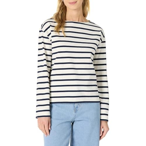 Image of Amazon Essentials Women's 100% Cotton Heavyweight Relaxed-Fit Long-Sleeve Boatneck Top, Eggshell White Navy Mariner Stripes, M