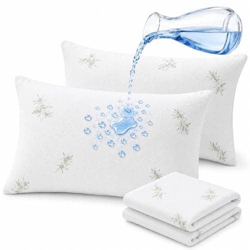 Image of 4 Pack Bamboo Waterproof Pillow Protectors Anti Dust Mite Bed Bug Anti Allergy Soft Non Noisy Feather Proof with Zipped Closure Hypoallergenic, Breathable (50x75cm)