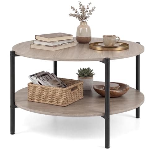 Image of COSTWAY 85cm Round Coffee Table with Storage Shelf, 2-Tier Industrial Cocktail Center Table, Metal Frame Wooden Circle Accent Sofa Side Tea Tables for Living Room, Bedroom and Office (Grey Oak)