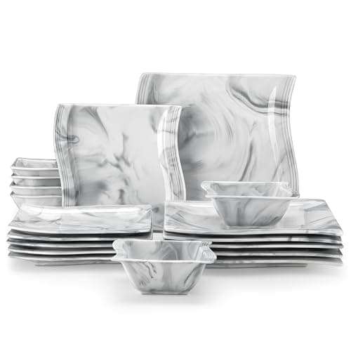 Image of MALACASA 18-Piece Marble Grey Square Dinner Sets for 6 People, Porcelain Plates and Bowls Set Modern Crockery Set Ceramic Dinnerware Set, Microwave Dishwasher Safe, Series Flora