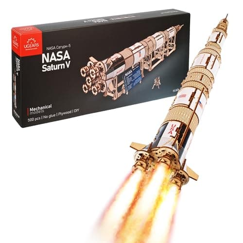 Image of UGEARS NASA Saturn V 3D Puzzle - Space Ship Wooden Model Kits for Adults to Build - Space Shuttle Building 3D Wooden Puzzles for Adults - Rocket Wood Construction Kit Gift for Christmas
