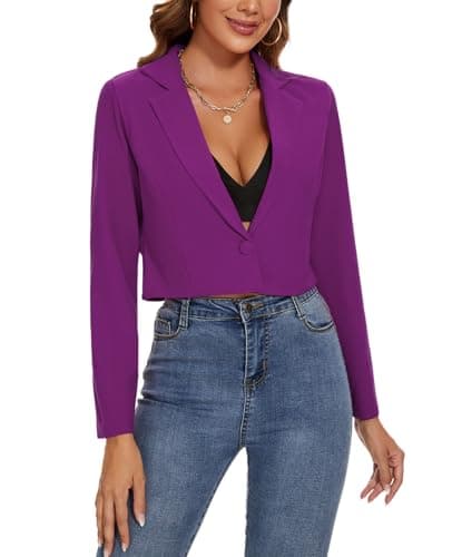 Image of MINTLIMIT Womens Crop Blazer Suit One Button Blazers Suit Notched Lapel Jacket Casual (Dark Purple S)