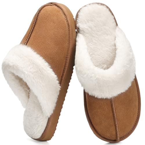 Image of Fallzor Slippers for Women Faux Suede Round Toe Fluffy Slip On Warm Winter Ladies Slippers House Outdoor Comfortable Soft Lining Mule Slippers Gifts for Women