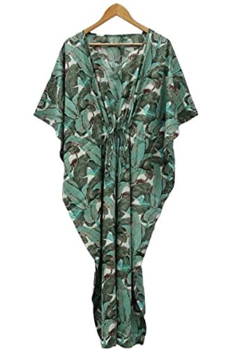 Image of INDACORIFY Banana Leaf Print Women Kaftan, 100% Cotton Light Weight Summer Kaftan, Beach wear Dress, Long Maxi Gown Nightwear
