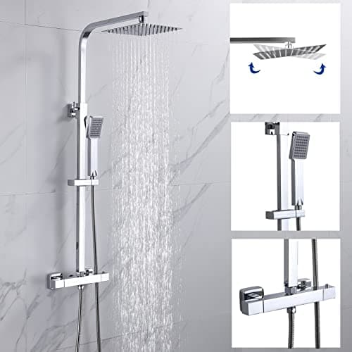 Image of Bathroom Thermostatic Shower Mixer Set Handheld Shower and with Adjustable 8" Overhead Rainfall Shower Head Twin Head & Body Chrome Plated Set