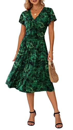 Image of GRECERELLE Womens Summer Wrap Dress Ladies Casual Ruffle Short Sleeve V-Neck Floral Beach Dresses for Women (Fp Green Leaf, L)
