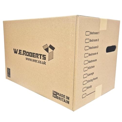 Image of 10 Strong Large Cardboard Storage Packing Moving House Boxes with Carry Handles and Room List – Ideal for Storage, Moving, and Packing 18" x 11" x 11" internal. Made in the UK