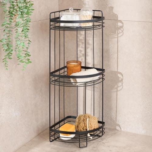 Image of OHS 3 Tier Bathroom Corner Shelf Counter Organizer, Floor Bathroom Caddy Freestanding Black Wire Plastic Corner Shower Storage Organizer Display Shelves for Toiletries Shampoo