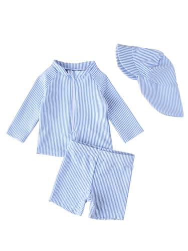 Image of JiAmy Baby Boys Swimming Costume with Sun Hat 3PCS Long Sleeve Zip Up Rash Guard Shirt Swim Truck Infant Toddler Baby Swimsuit Blue 1-2 Years