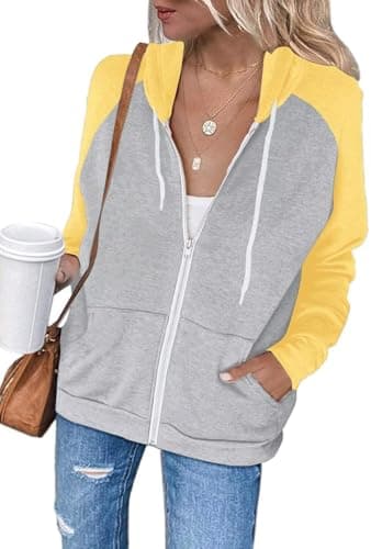 Image of LACOZY Women's Zip Up Hoodies Loose Solid Sweatshirt Autumn Long Sleeve Drawstring Hooded Jackets Yellow L