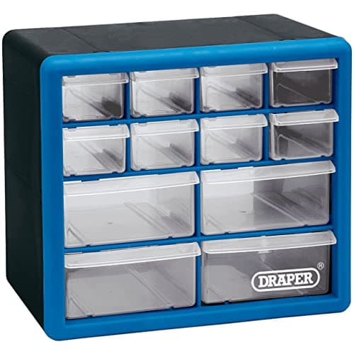 Image of Draper 12 Drawer Organiser Storage Unit Plastic | Workshop Home Office Cabinet Cupboard | Wall Mountable | 12014, 12 Part, Blue