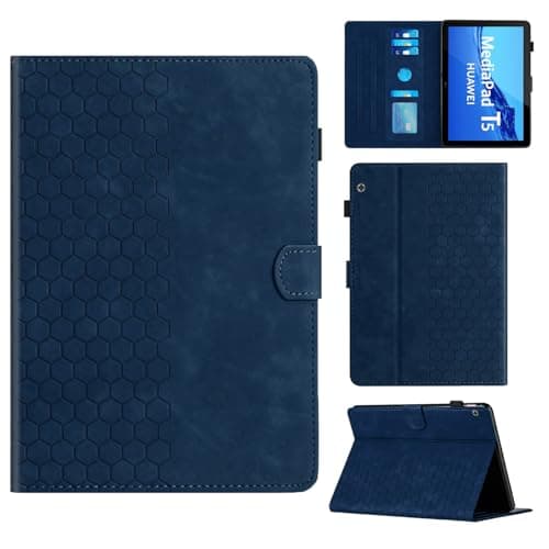 Image of Rosbtib Case for Huawei MediaPad T5 10.1 Inch 2018 Model AGS2-W09/W19/L09 Case with Stand with Card Slot, Hexagonal Textured Pattern Faux Leather Case For Huawei MediaPad T5, Blue