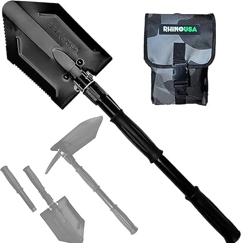 Image of RHINO USA Folding Survival Shovel w/Pick - Heavy Duty Carbon Steel Tool for Off Road, Camping, Gardening, Beach, Digging Dirt, Sand, Mud & Snow.