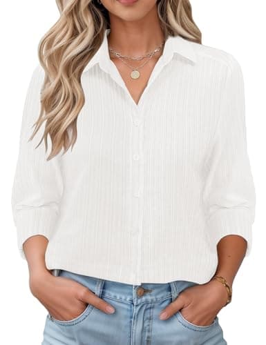 Image of Rapbin Long Sleeve Blouses for Women V Neck Button Down Shirts Holiday Tops Collared Classic Cotton Blouse White Stripes XL(UK 18-20)