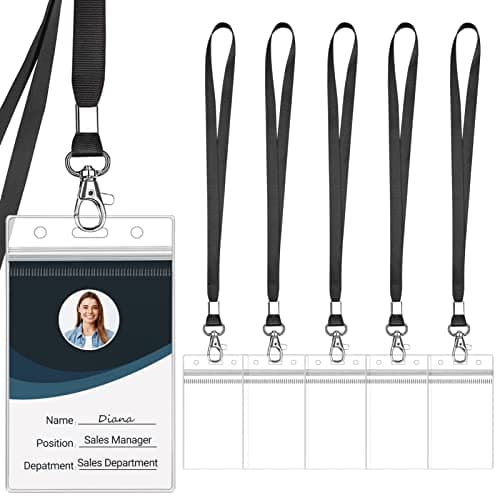 Image of WILLIZTER 6PCS Clear ID Badge Holder with Lanyard Water Proof Vertical Display Identification Card Name Card Protector with Zipper Resealable Nametag Holder (Black)