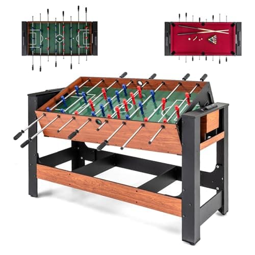 Image of COSTWAY 2 in 1 Multi Game Table, Swivel Football & Pool Combo Table with 2 Foosballs, 2 Cue Sticks, Triangle & Box of Billiard, Indoor Arcade Game Tables for Home Party (Reddish Brown, 138x61x84cm)