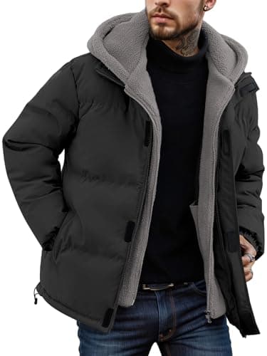 Image of XYXYING Men's Hooded Winter Puffer Jacket, Windproof Thermal Coat with Easy Hook-and-Loop Closure, Black, S