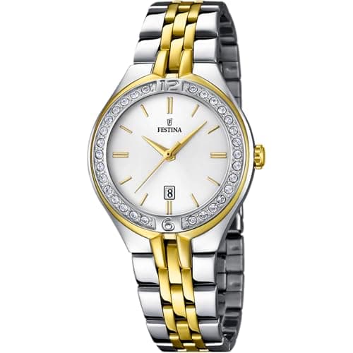 Image of Festina Women's Quartz Watch with White Dial Analogue Display and Silver Stainless Steel Gold Plated Bracelet F16868/1