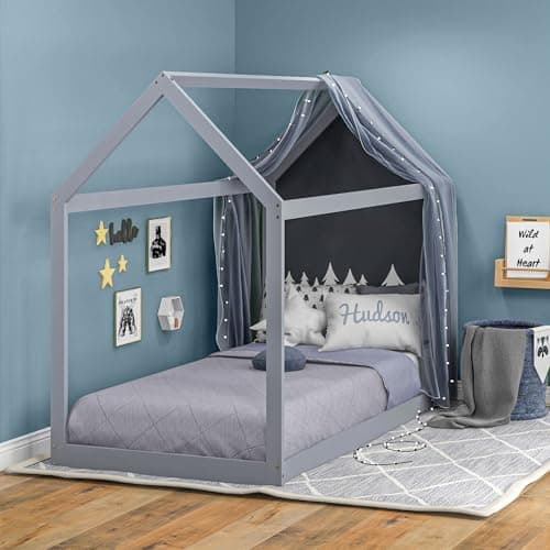 Image of HOMCOM Single Bed Frame, House Scandinavian Style Wooden Bed Frame for 90W x 190Dcm Mattress, Pine Wood Bed Base, Grey