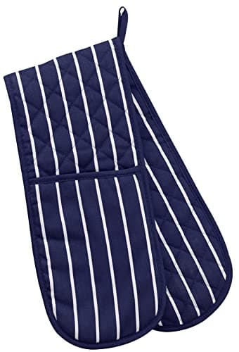 Image of Professional Butchers Stripe Double Sided Oven Glove 100% Cotton Cooking Gloves Heavy Duty Mitts Resistant Cooking Gloves 86cm (33") (Blue)