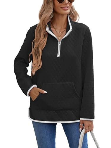 Image of iChunhua Black Lapel Sweatshirt Women Colour Block Half Zip Jumper V Neck Long Sleeve Tops With Pockets Black L